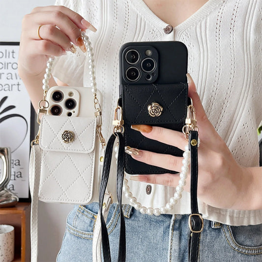 3D metal Camilla Card bag wallet Pearl Strap Holder Crossbody Phone Case For iphone 15 14 X XR XS 11 13 Pro Max 12 Pro  7 8 Plus
